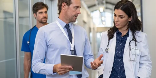 A medical team converses in a hospital hallway, providing guidance and support in a healthcare environment.